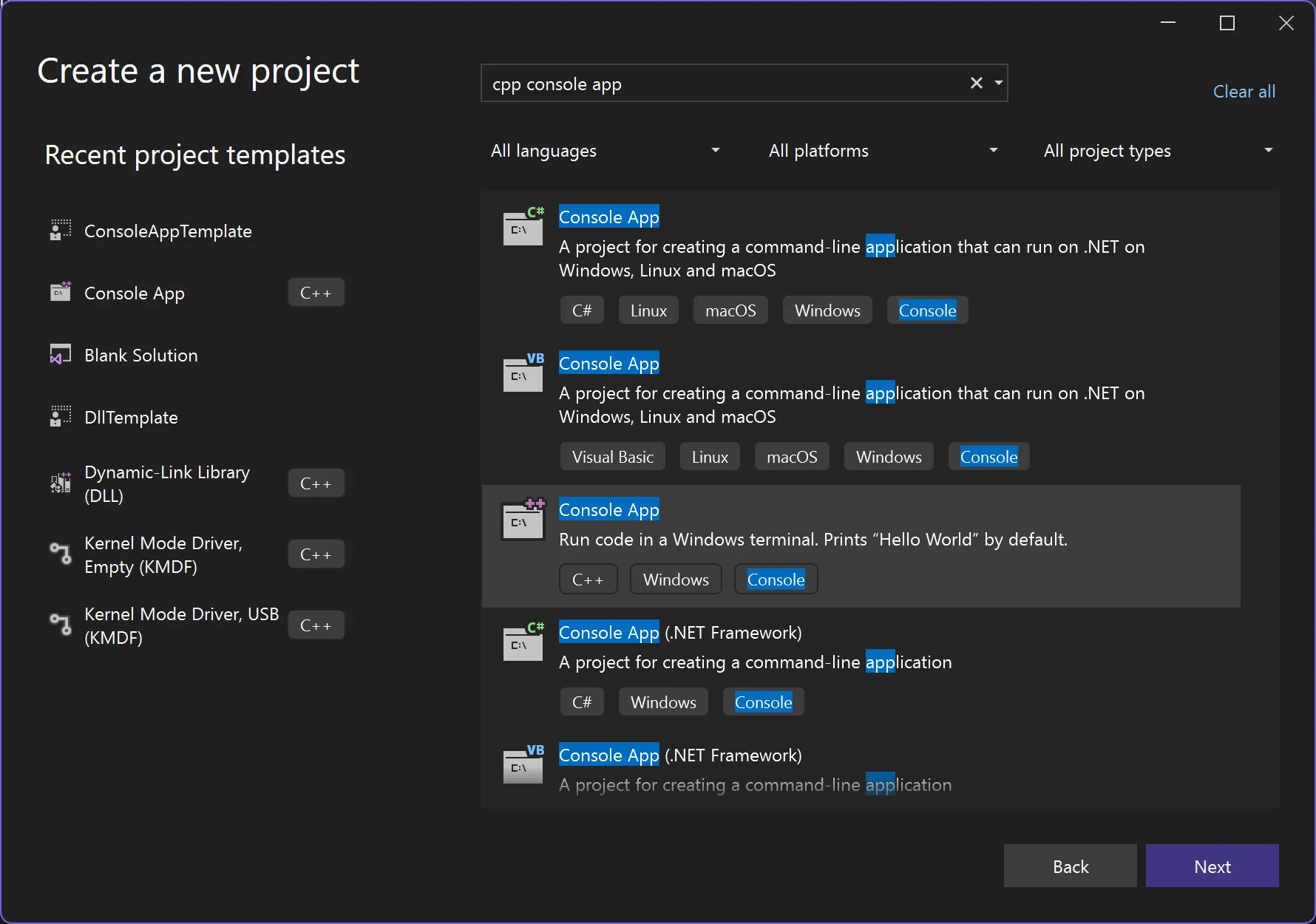 Search for cpp console app