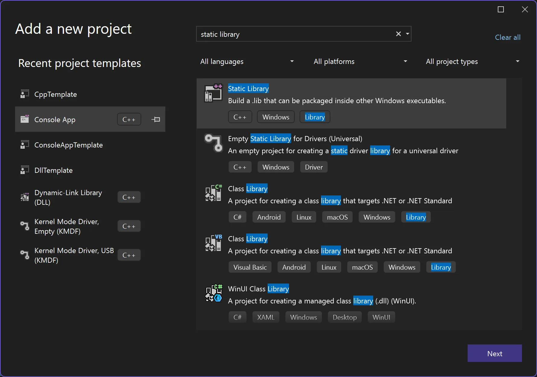 Select Static Library Projcet