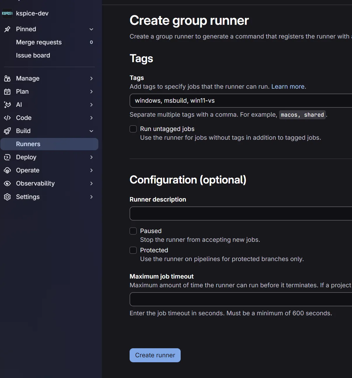 Create Group Runner Page