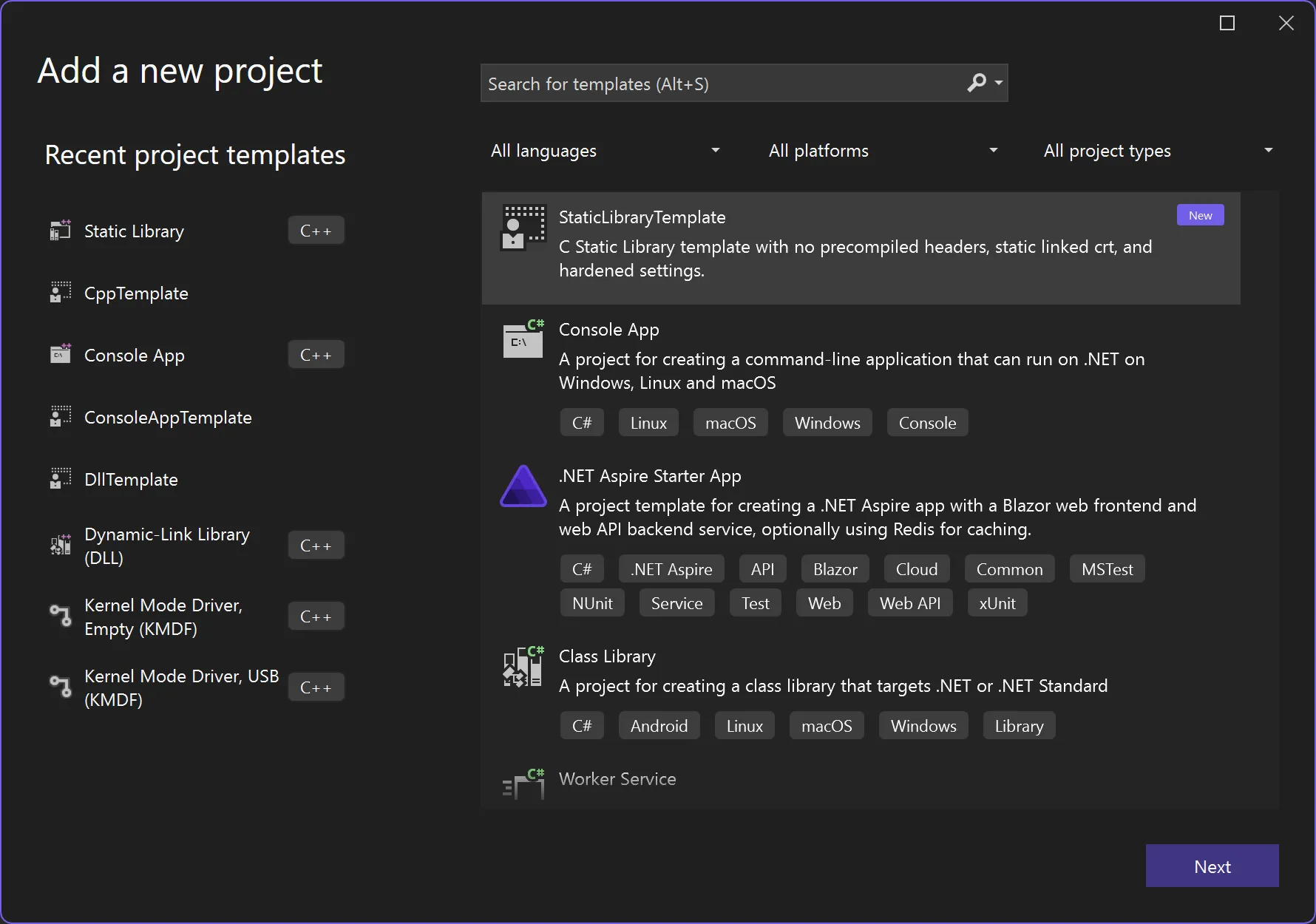 Template Recognized in Add Project
