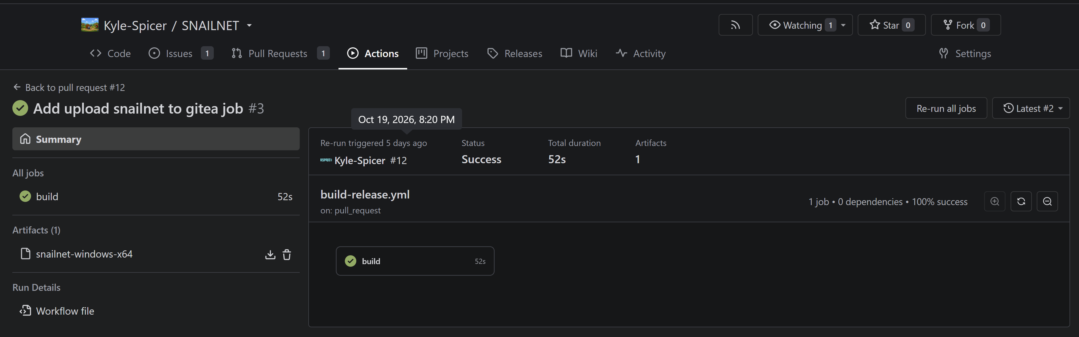 Gitea Actions run summary for SNAILNET: the build-release.yml build job succeeded in 52 seconds