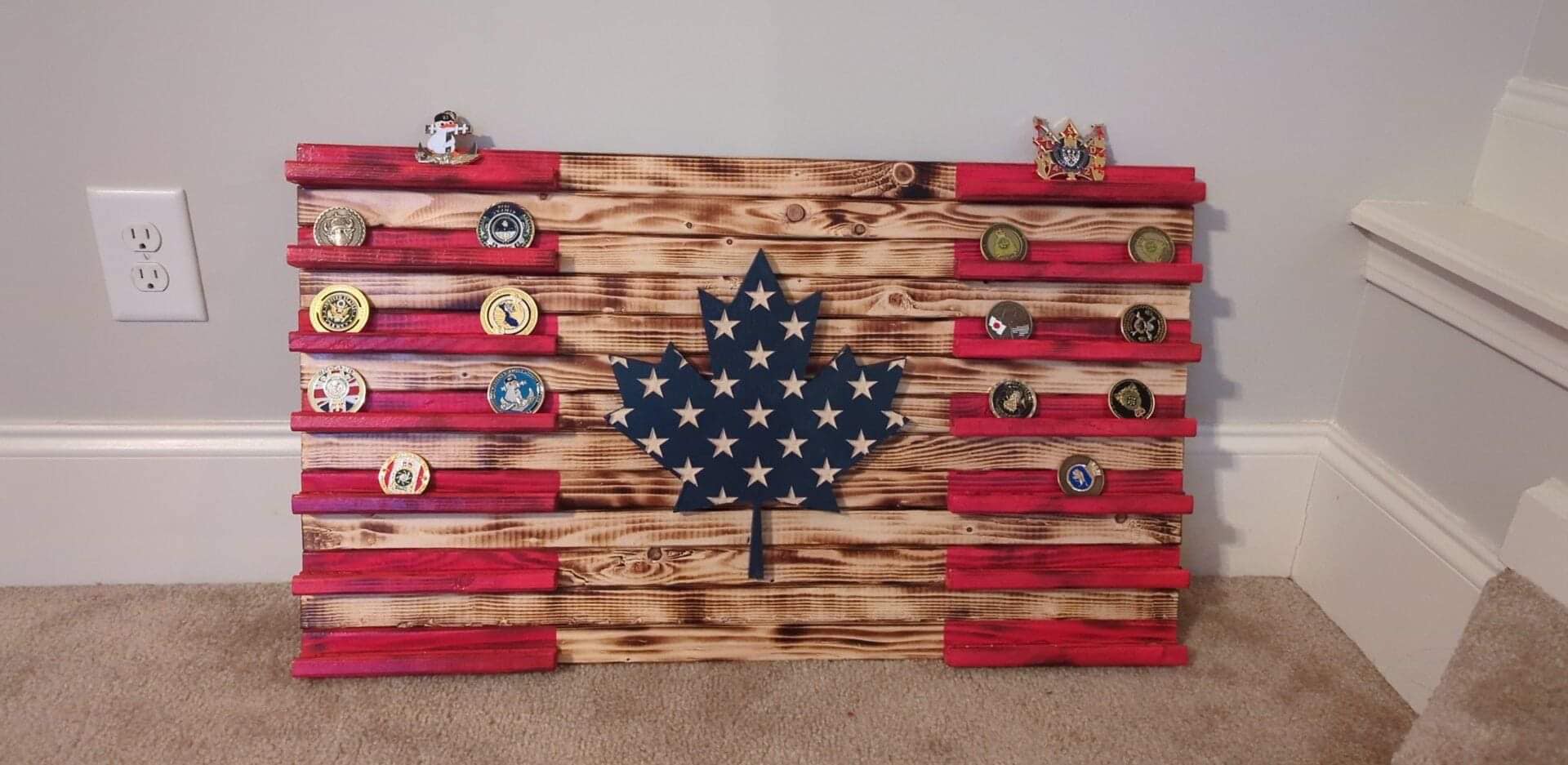 Coin rack filled with challenge coins