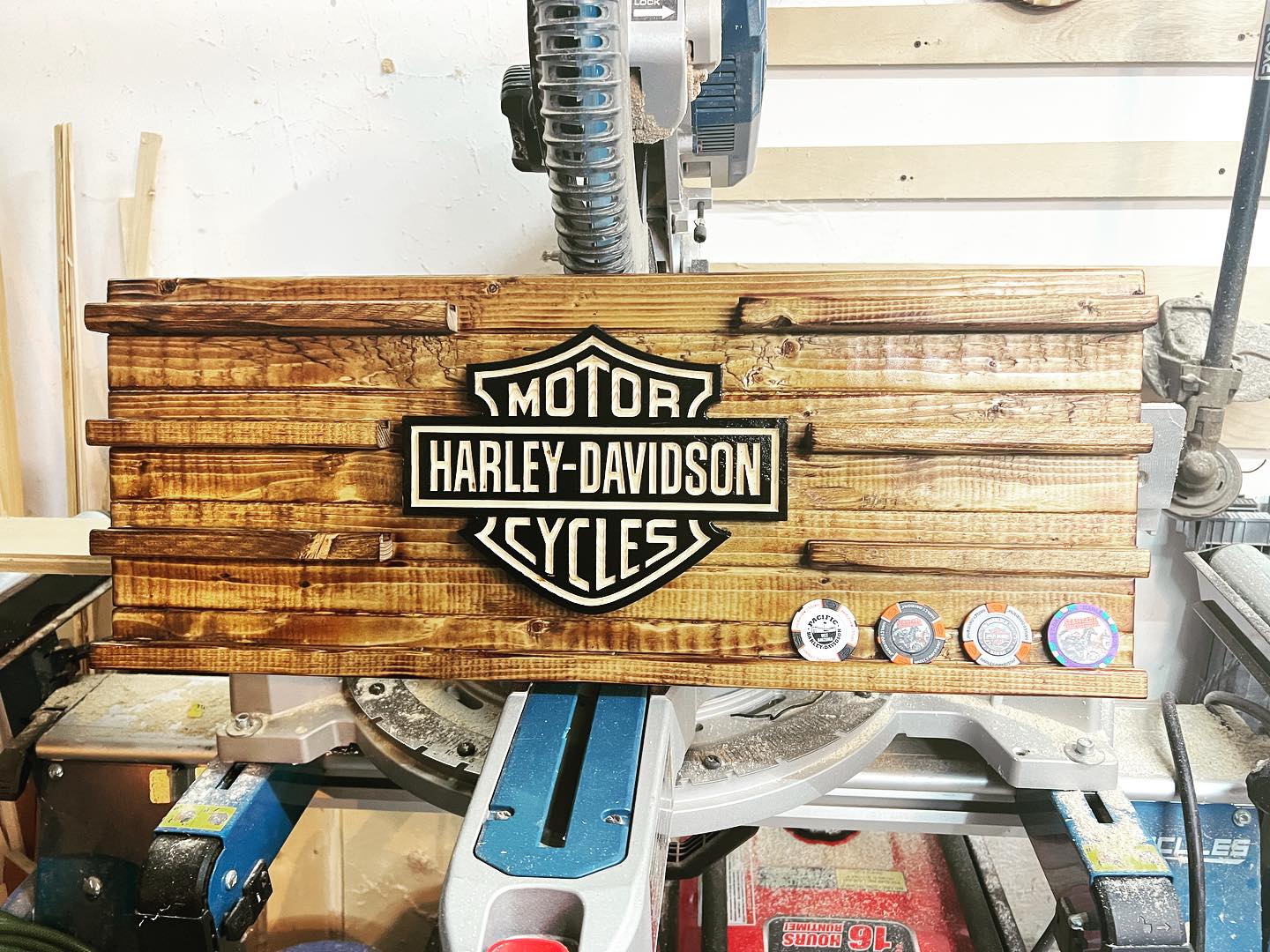 Wall-mounted Harley Davidson poker chip rack with chips