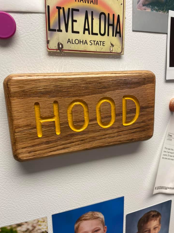 Hood magnetic wooden name plate