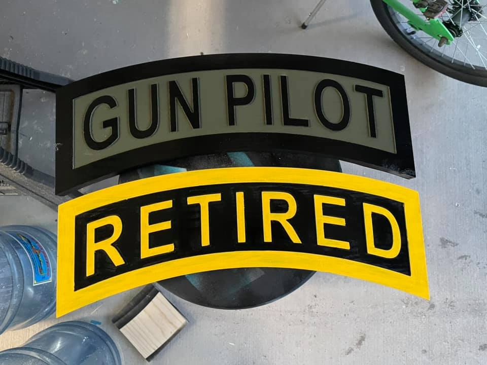 Custom wooden military tab, gun pilot retired